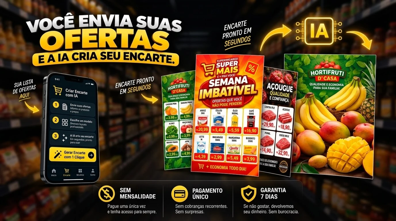 Você envia suas ofertas e a IA cria seu encarte com um clique